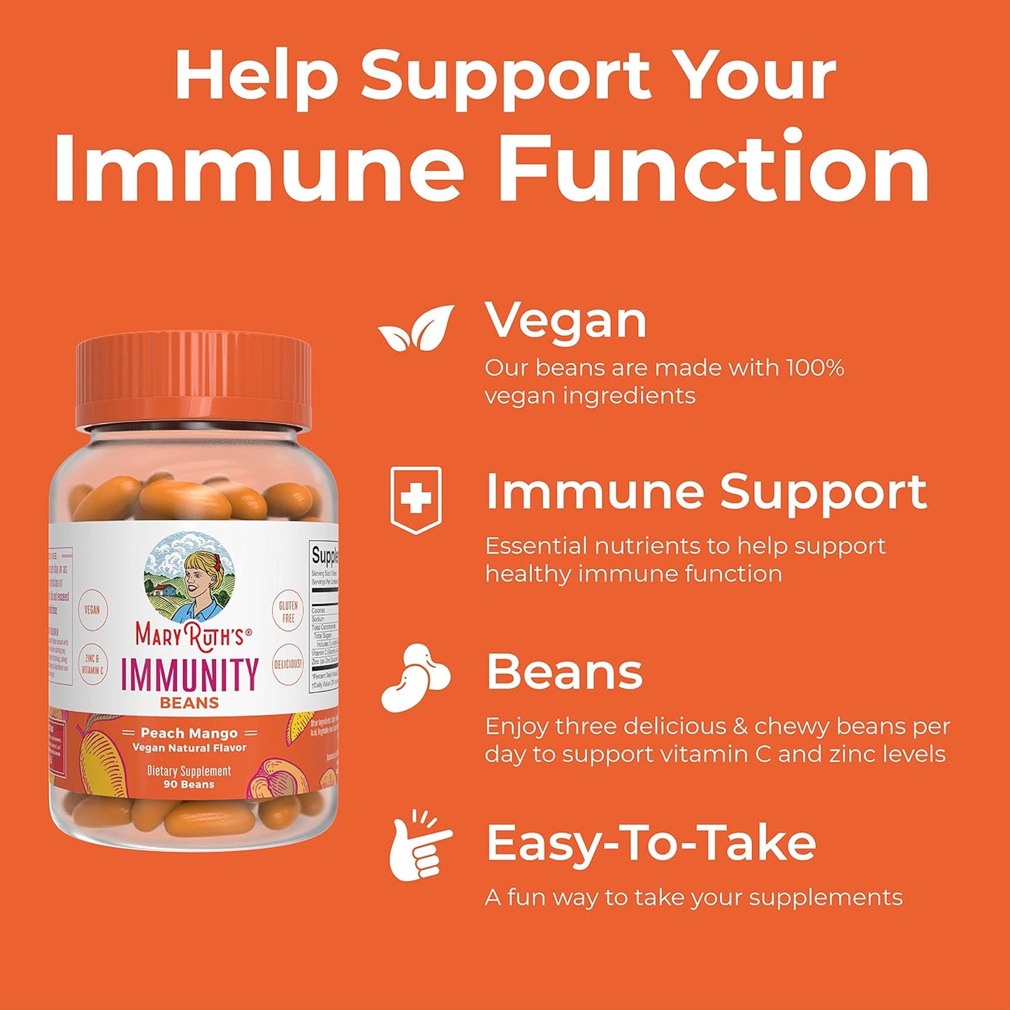 Vegan Adult Immunity Vitamins with Zinc & Vitamin C - 90 Count | Non-GMO, Gluten-Free Supplement for Ages 14+ by MaryRuth Organics