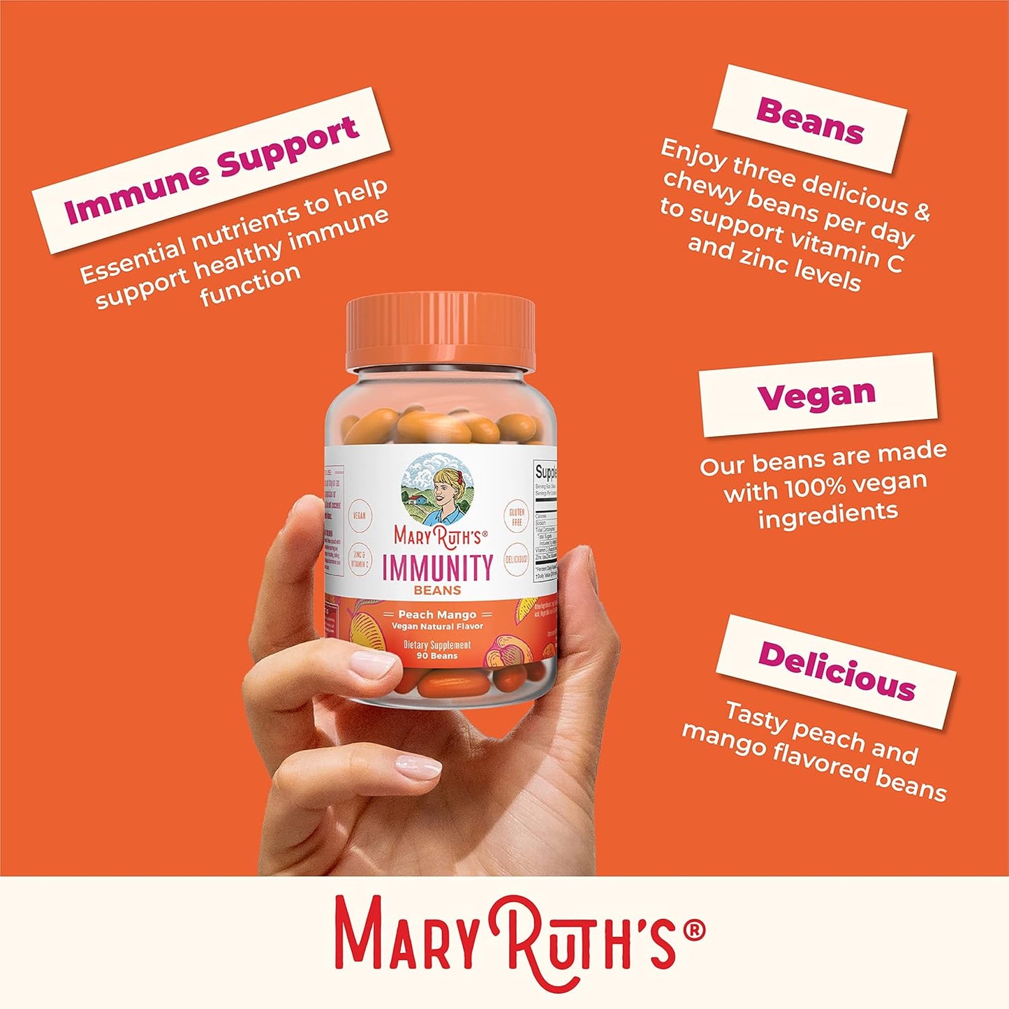 Vegan Adult Immunity Vitamins with Zinc & Vitamin C - 90 Count | Non-GMO, Gluten-Free Supplement for Ages 14+ by MaryRuth Organics