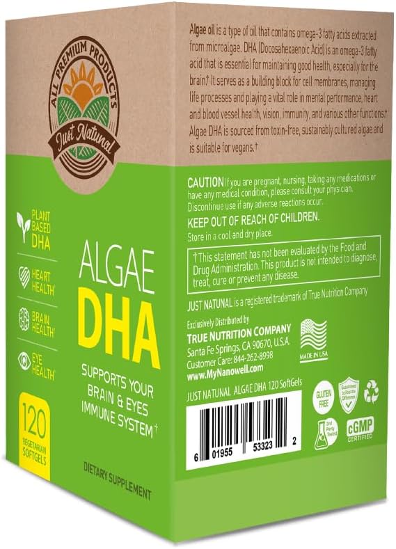 Vegan Algae DHA Softgels - Plant-Based Omega-3 Supplement with Carrageenan and Algae Oil - 120 Count