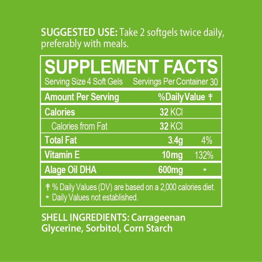 Vegan Algae DHA Softgels - Plant-Based Omega-3 Supplement with Carrageenan and Algae Oil - 120 Count