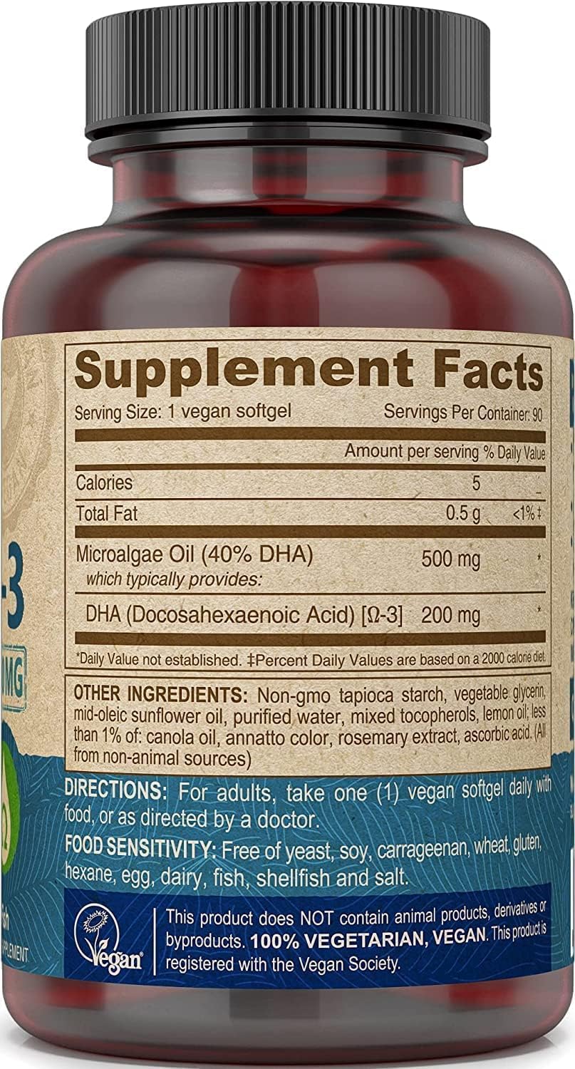 Vegan Algae Oil Omega-3 DHA Supplement Softgels - 200 MG - Carrageenan & Gelatin Free - Non-Fish Source - 90 Softgels (2 Pack)
