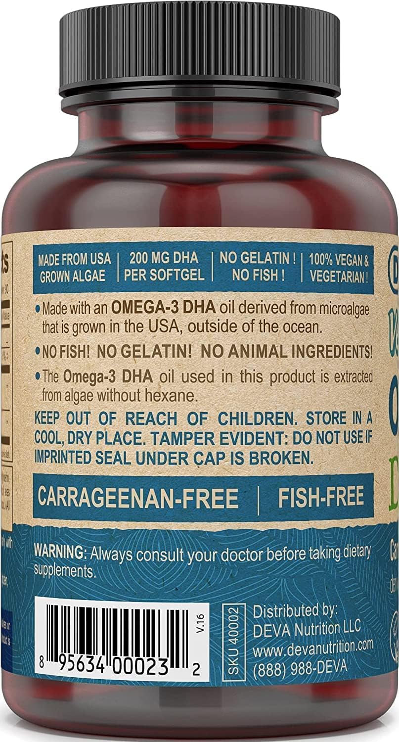 Vegan Algae Oil Omega-3 DHA Supplement Softgels - 200 MG - Carrageenan & Gelatin Free - Non-Fish Source - 90 Softgels (2 Pack)