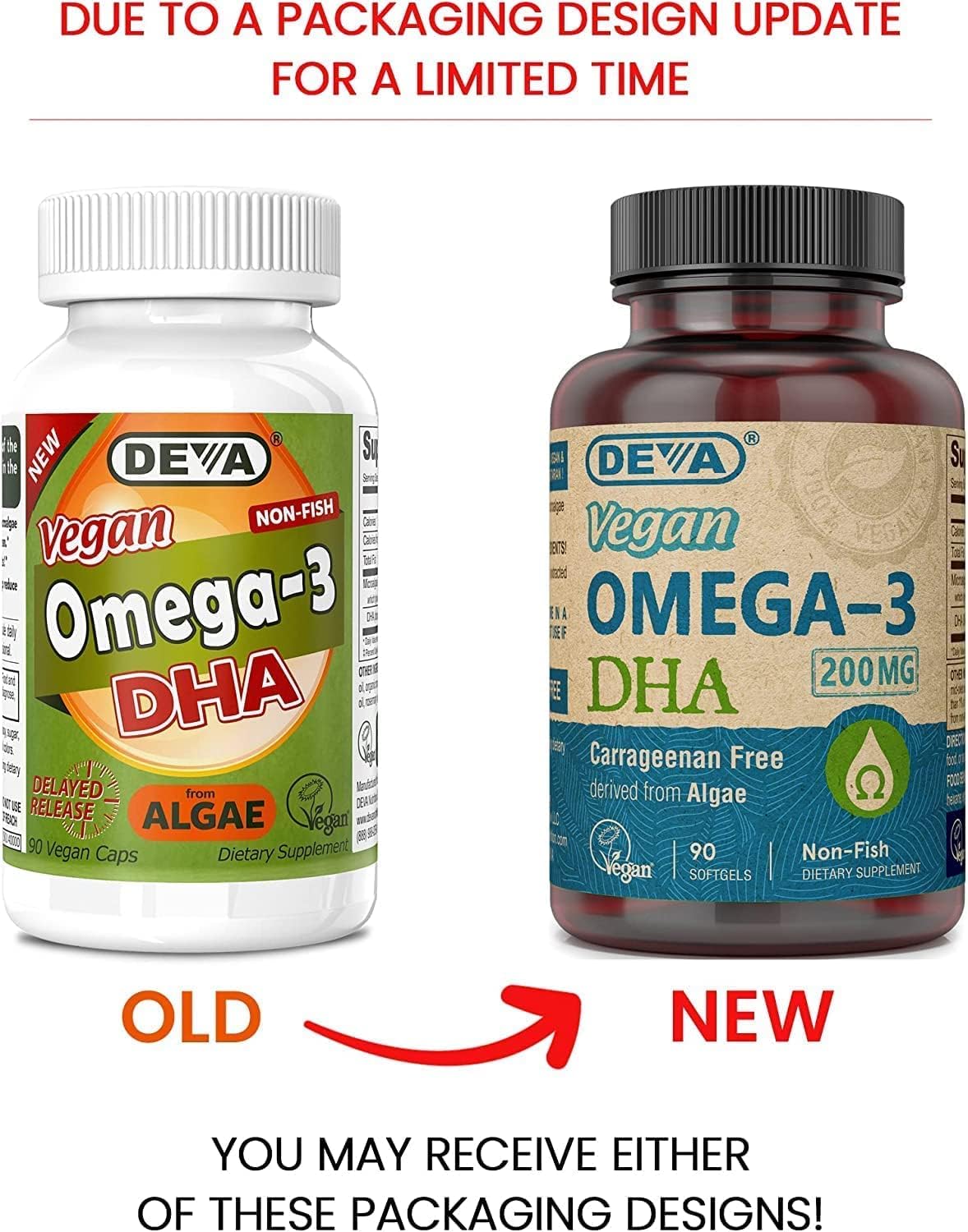 Vegan Algae Oil Omega-3 DHA Supplement Softgels - 200 MG - Carrageenan & Gelatin Free - Non-Fish Source - 90 Softgels (2 Pack)