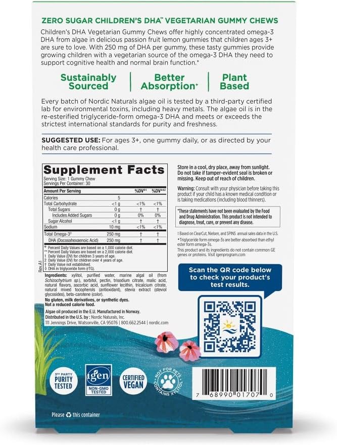 Vegan Algae Oil Omega-3 Gummy Chews for Kids - Passion Fruit Lemon Flavor - 30 Servings