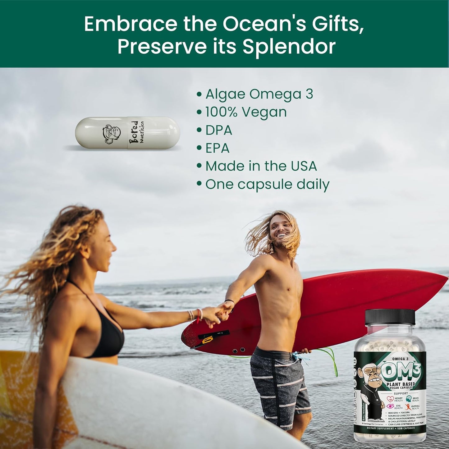 Vegan Algae Omega 3 Supplement - Plant Based DHA & EPA - Heart, Brain, Joint Health - 120 Capsules