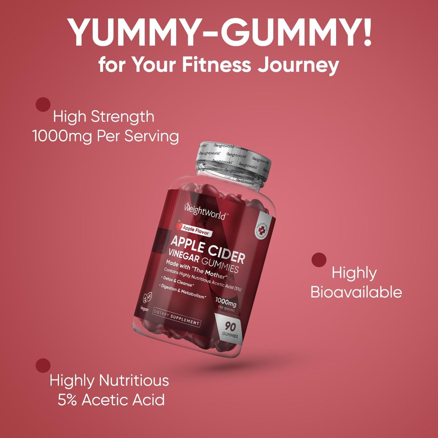 Vegan Apple Cider Vinegar Gummies 1000mg - Enriched with Vitamin C, B6, B12, & B9 - Digestion, Metabolism, Detox - 90 Gummies, Gelatin-Free