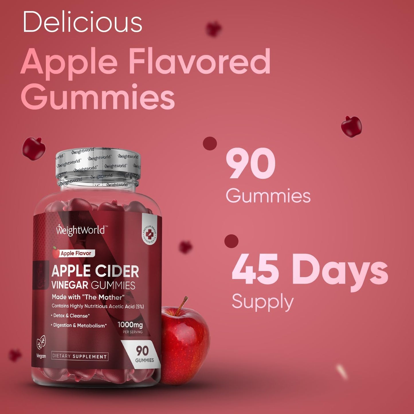 Vegan Apple Cider Vinegar Gummies 1000mg - Enriched with Vitamin C, B6, B12, & B9 - Digestion, Metabolism, Detox - 90 Gummies, Gelatin-Free