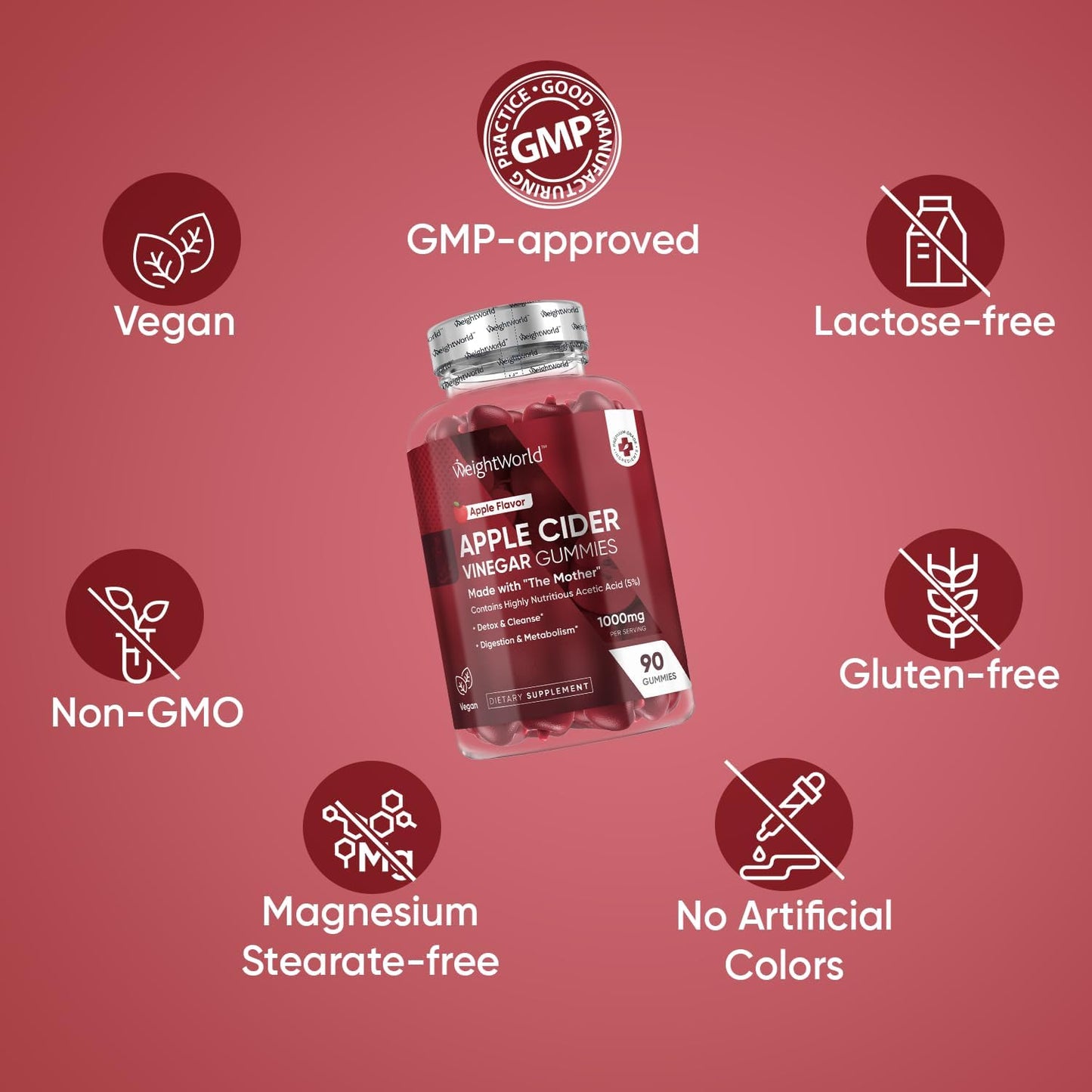 Vegan Apple Cider Vinegar Gummies 1000mg - Enriched with Vitamin C, B6, B12, & B9 - Digestion, Metabolism, Detox - 90 Gummies, Gelatin-Free