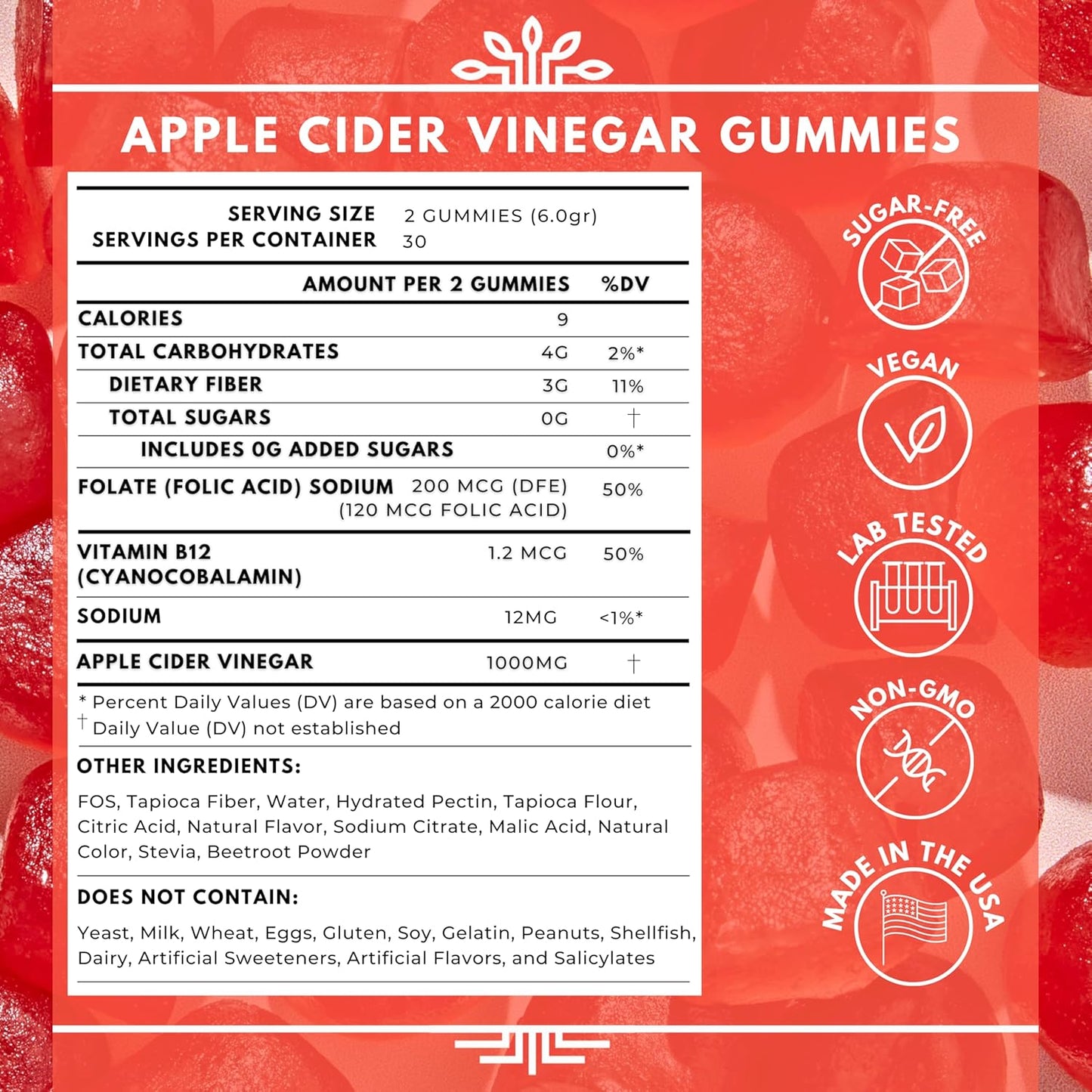 Vegan Apple Cider Vinegar Gummies with Vitamin B12 and Beetroot Powder - Sugar Free, Non-GMO & Gluten-Free - Made in USA - 30 Servings