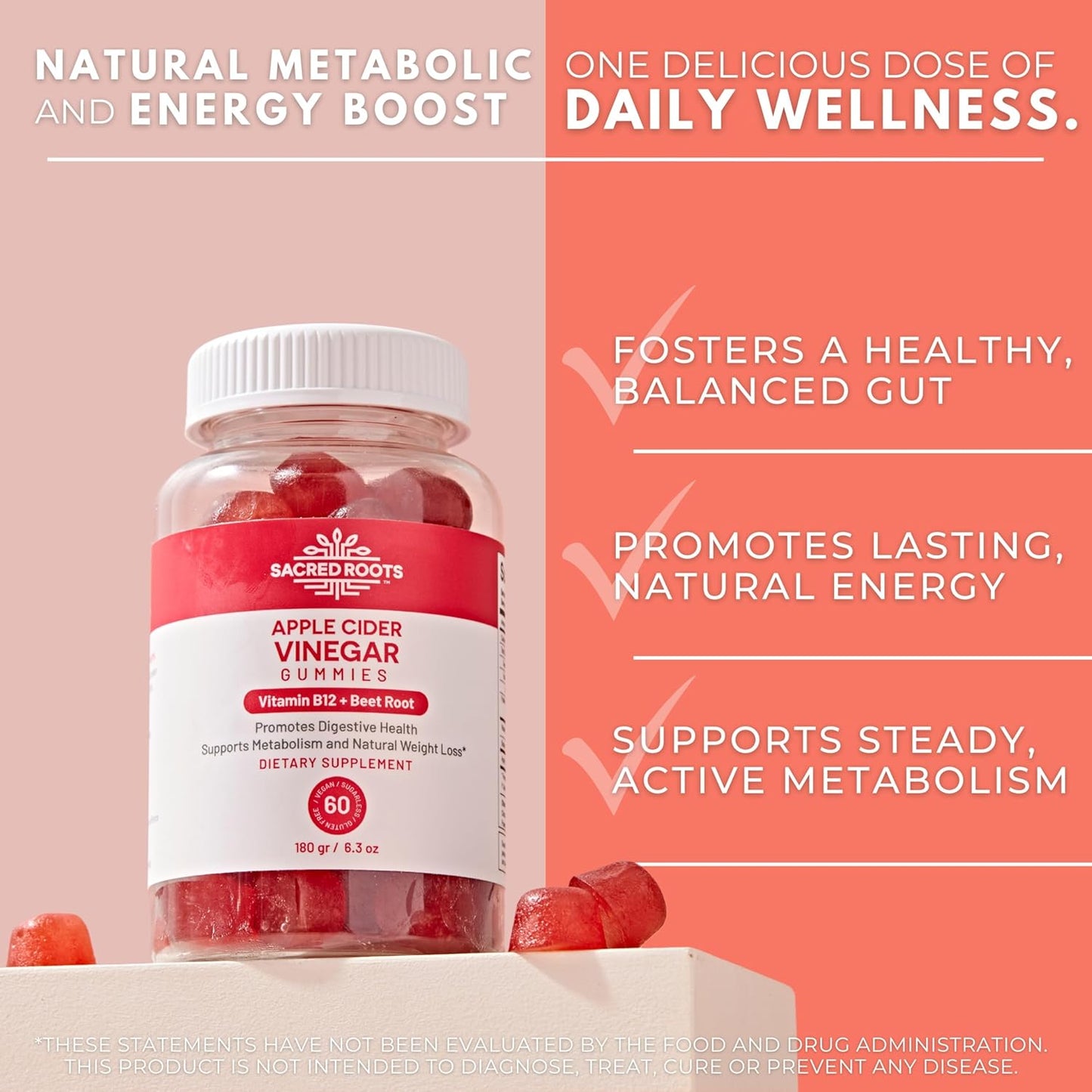Vegan Apple Cider Vinegar Gummies with Vitamin B12 and Beetroot Powder - Sugar Free, Non-GMO & Gluten-Free - Made in USA - 30 Servings