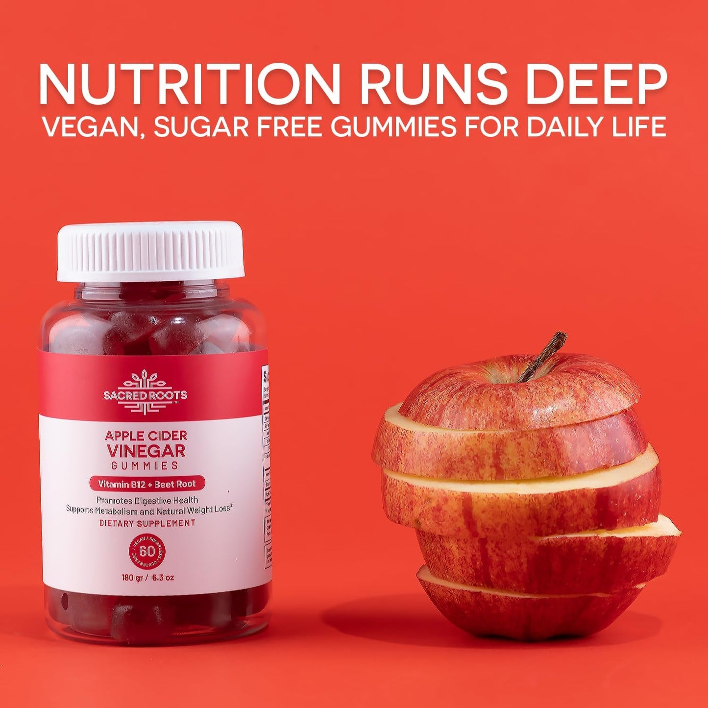 Vegan Apple Cider Vinegar Gummies with Vitamin B12 and Beetroot Powder - Sugar Free, Non-GMO & Gluten-Free - Made in USA - 30 Servings