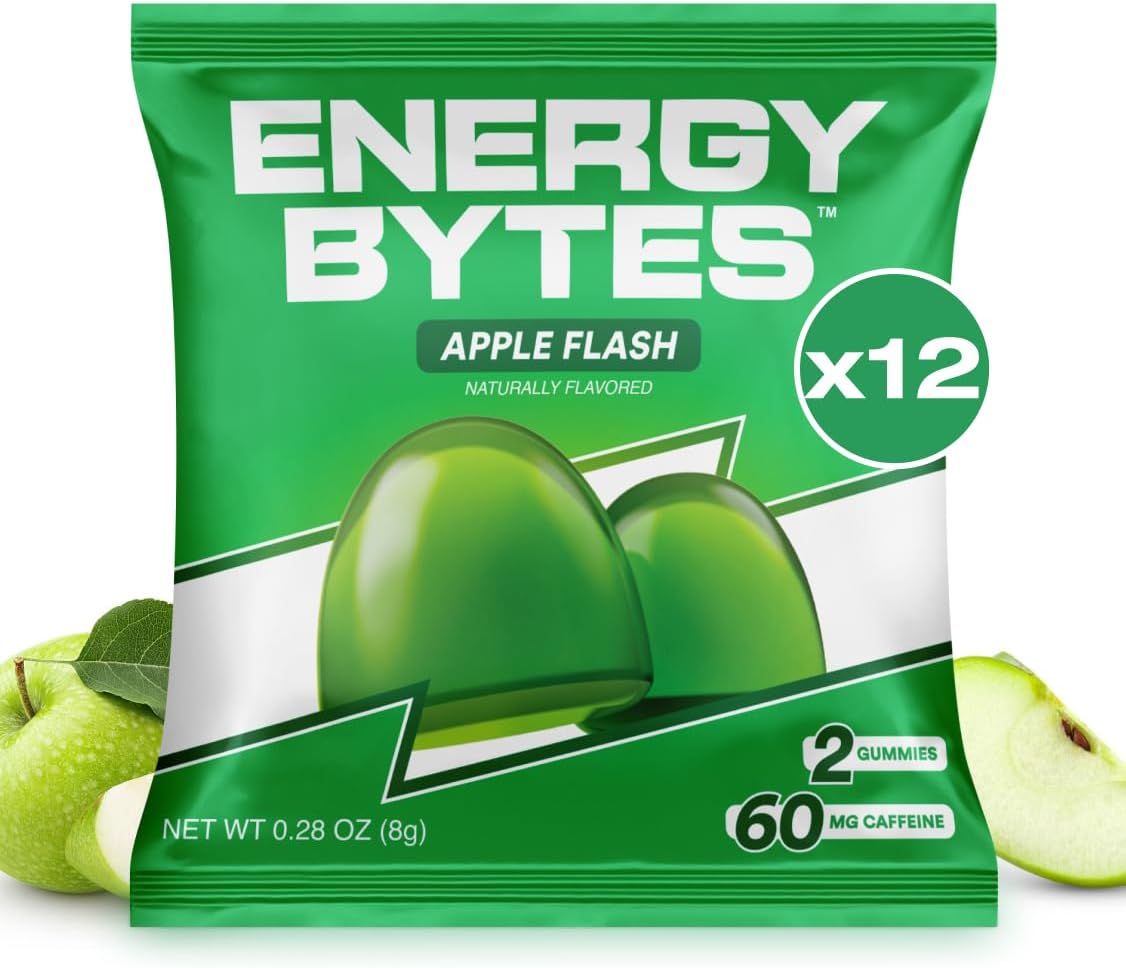 Vegan Apple Flash Caffeine Gummies for Instant Energy Boost During Sports | Low Sugar Energy Chews for Running and Cycling (12-Pack)