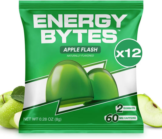 Vegan Apple Flash Caffeine Gummies for Instant Energy Boost During Sports | Low Sugar Energy Chews for Running and Cycling (12-Pack)
