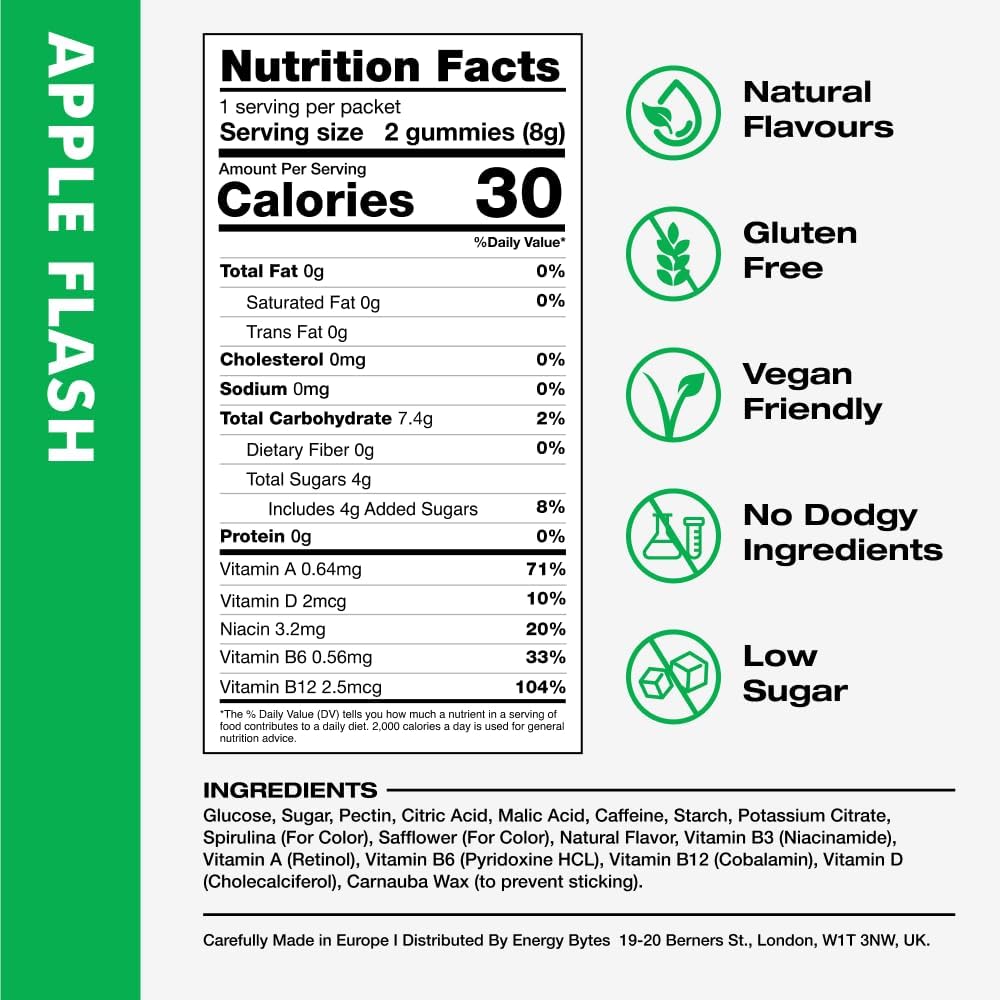 Vegan Apple Flash Caffeine Gummies for Instant Energy Boost During Sports | Low Sugar Energy Chews for Running and Cycling (12-Pack)