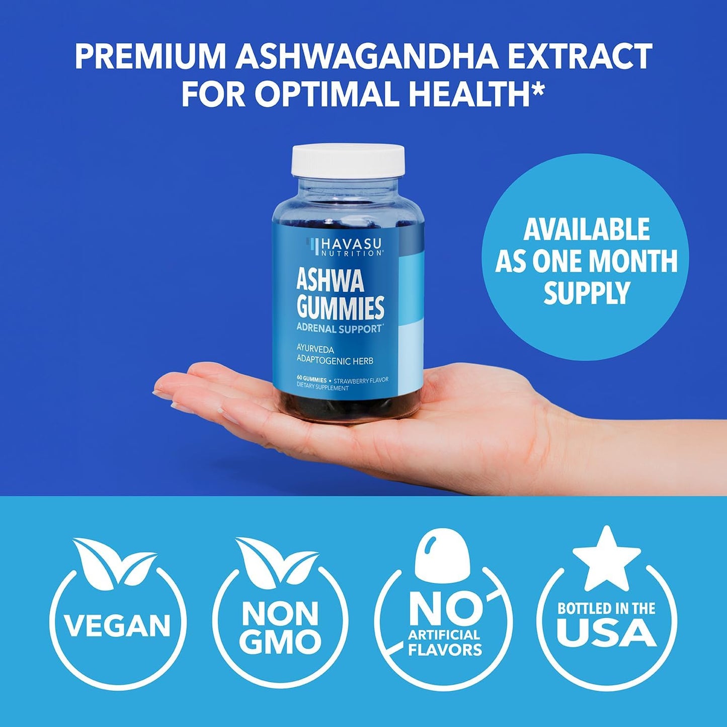 Vegan Ashwagandha Gummies for Stress & Mood Support - Non-GMO Supplement for Calm & Relaxation - 1-Month Supply, Strawberry Flavor