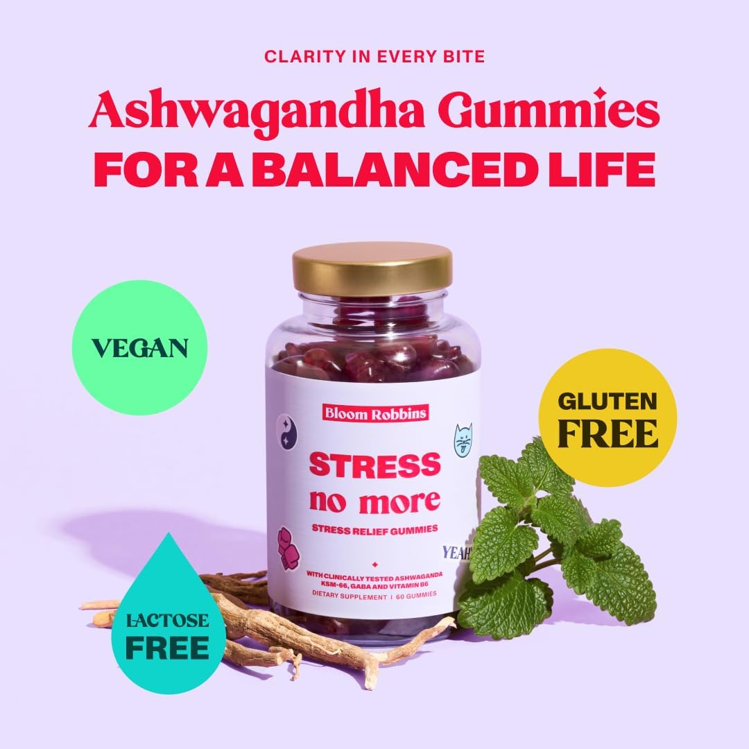Vegan Ashwagandha Stress Relief Gummies with Lemon Balm Extract - Calm Gummies with KSM-66 - Relaxation Supplement (60 count)