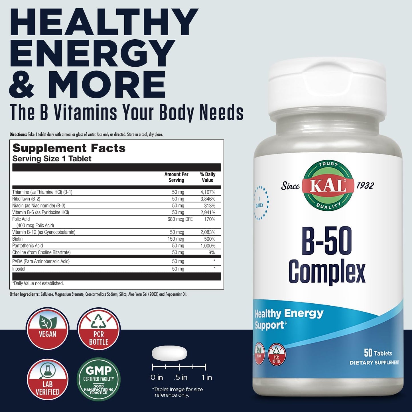 Vegan B Complex Vitamins for Energy, Metabolism & Immune Support - 50 Tablets, Vitamin B12, B6, Folic Acid - 50 Servings
