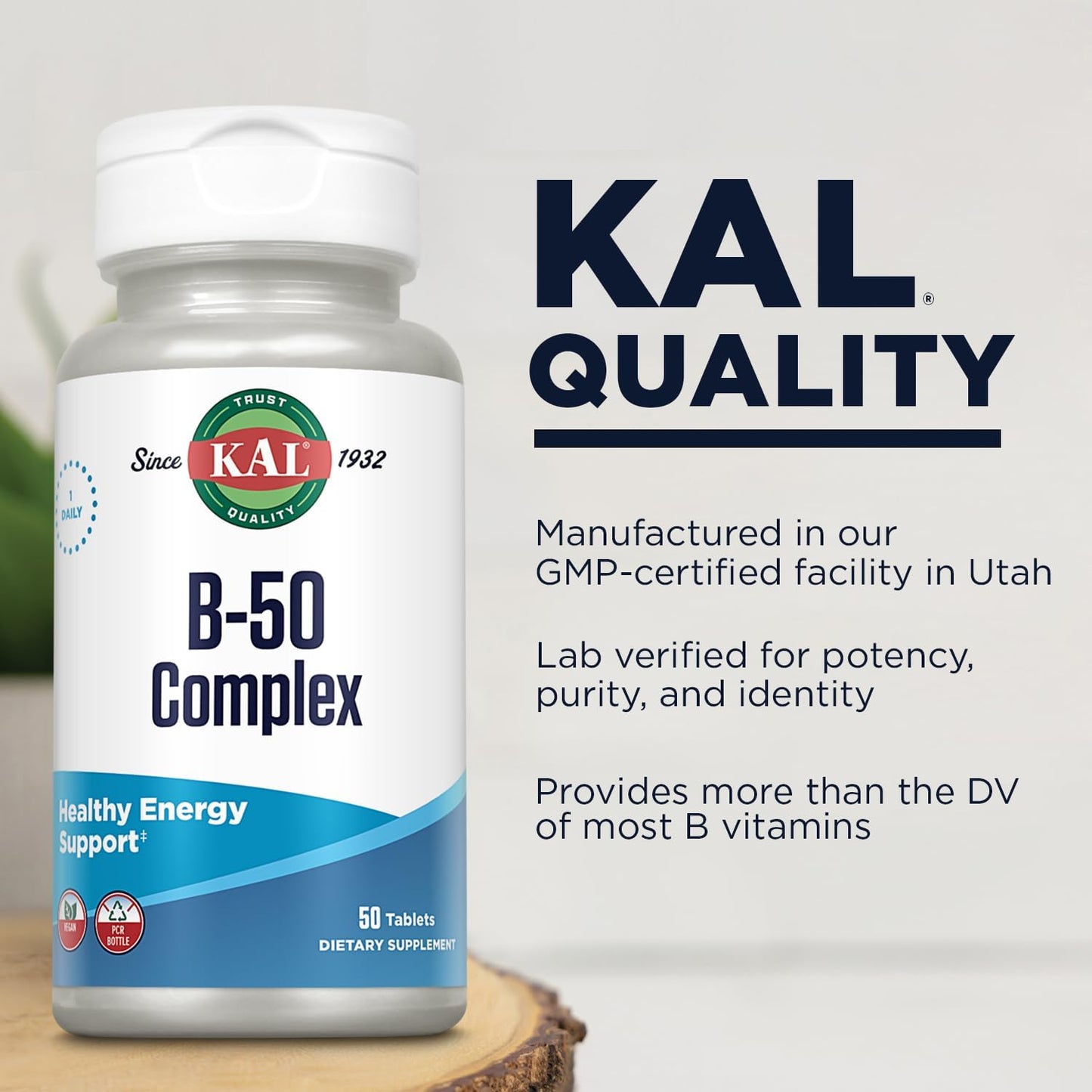 Vegan B Complex Vitamins for Energy, Metabolism & Immune Support - 50 Tablets, Vitamin B12, B6, Folic Acid - 50 Servings