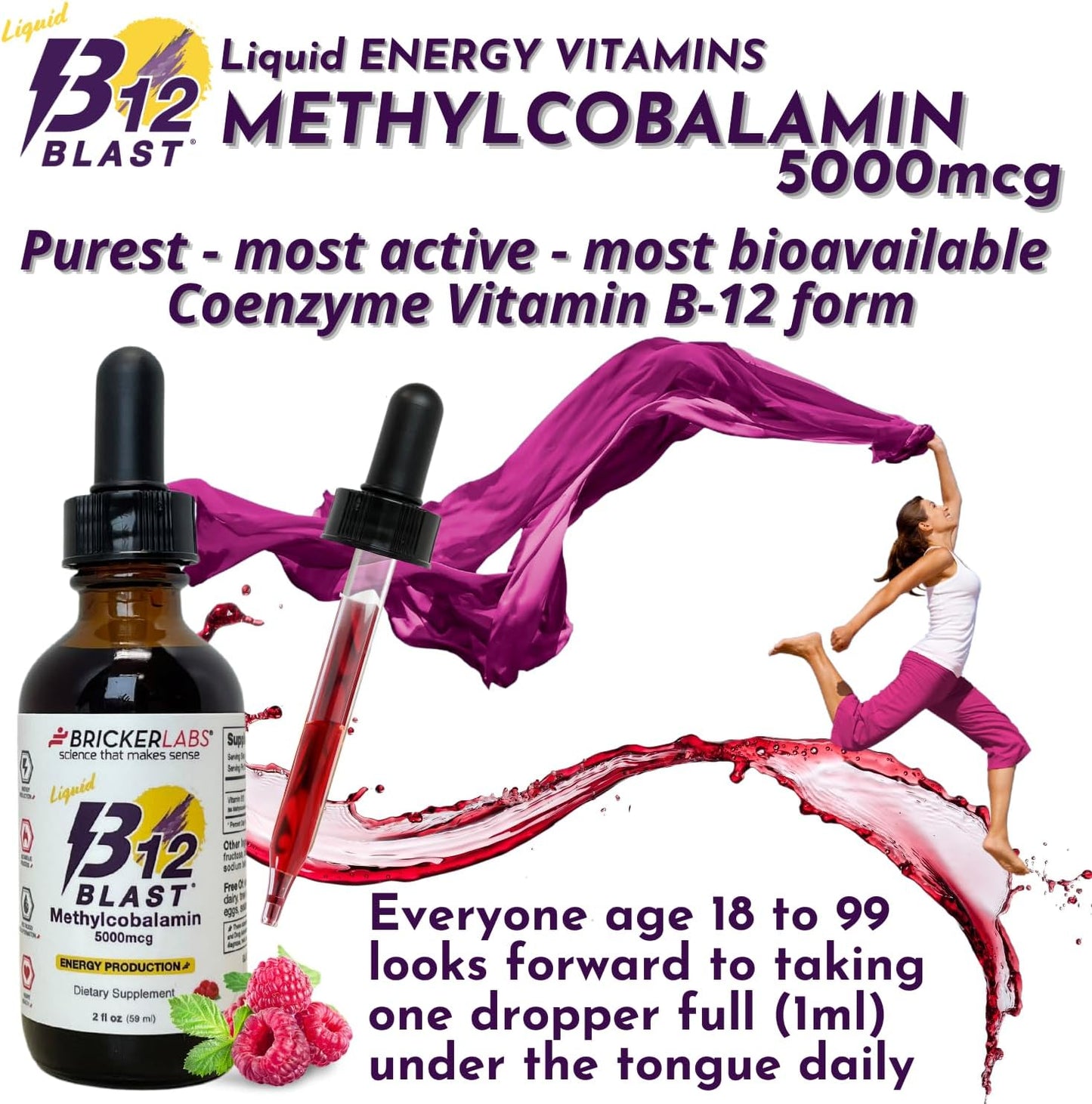 Vegan B12 Blast Methylcobalamin Liquid Energy Vitamins - 5000mcg, Sustained Energy Supplement - 59-Day Supply