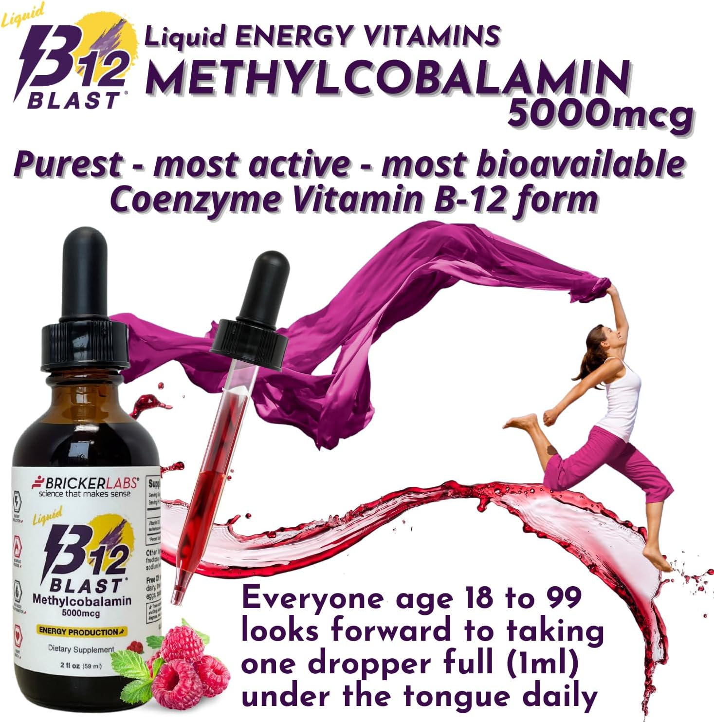 Vegan B12 Blast Methylcobalamin Liquid Energy Vitamins - 5000mcg, Sustained Energy Supplement - 59-Day Supply
