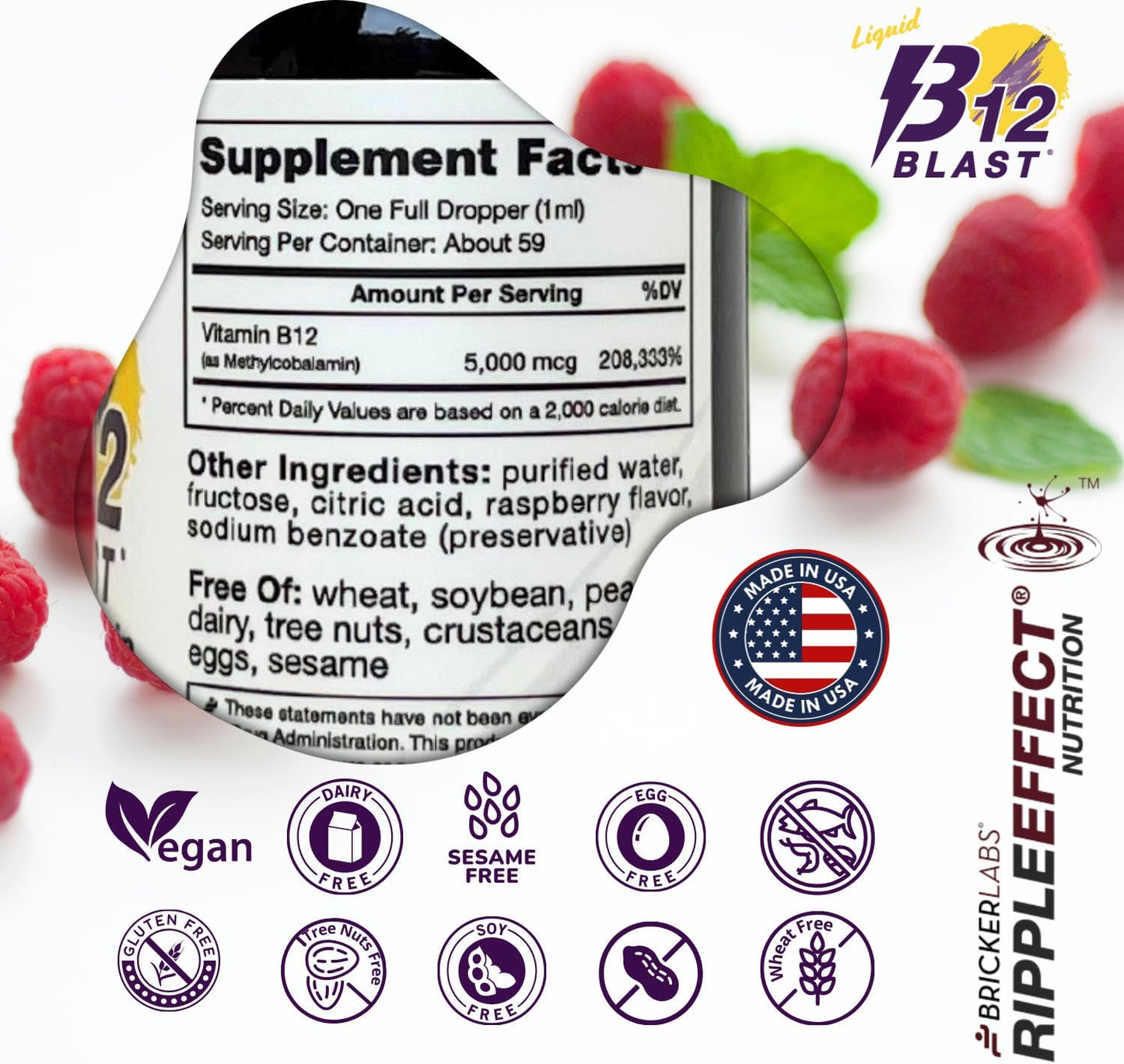 Vegan B12 Blast Methylcobalamin Liquid Energy Vitamins - 5000mcg, Sustained Energy Supplement - 59-Day Supply