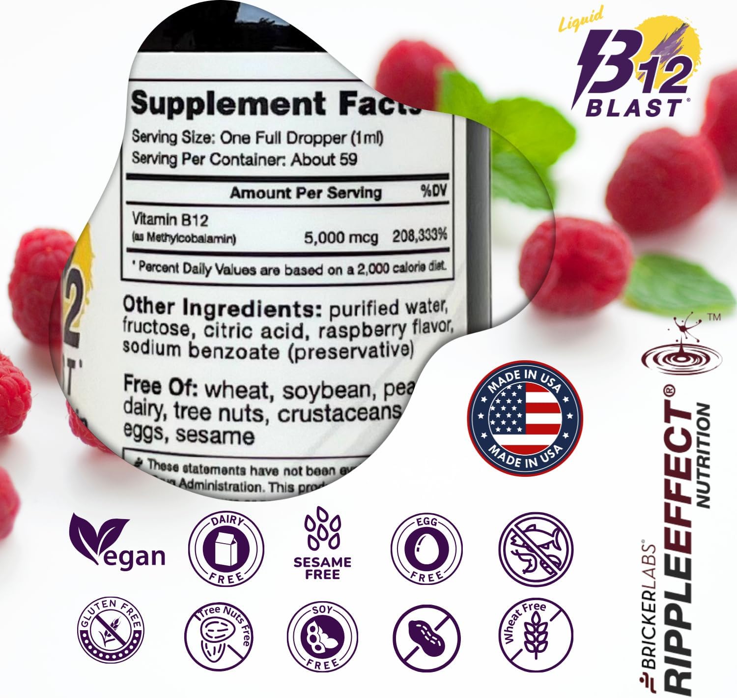 Vegan B12 Blast Methylcobalamin Liquid Energy Vitamins - 5000mcg, Sustained Energy Supplement - 59-Day Supply