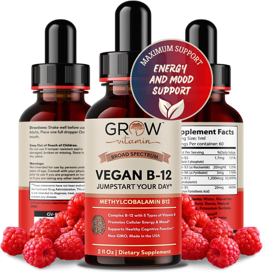 Vegan B12 Complex Liquid Drops - Premium Methylcobalamin Supplement for Hair, Skin, Nails, Energy, Immune System & Mental Focus