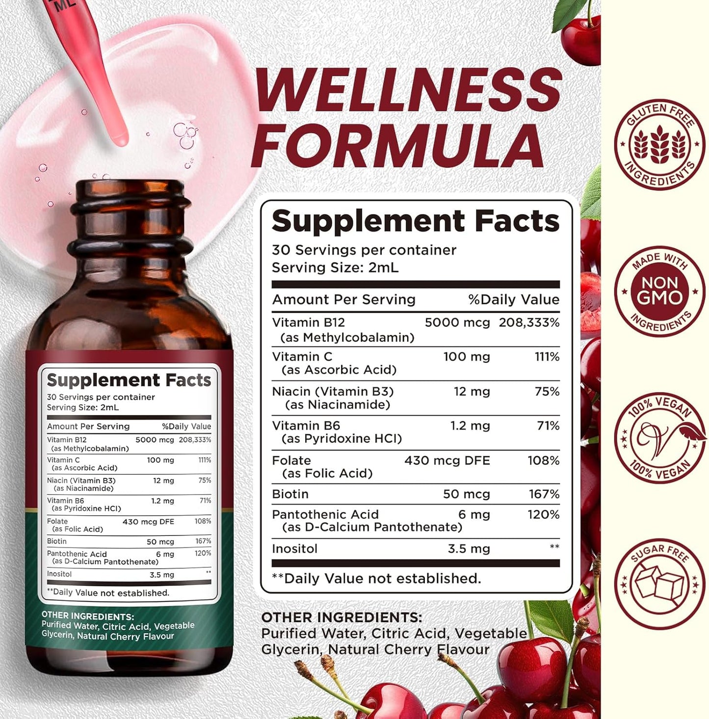 Vegan B12 Liquid Drops Sublingual Supplement with Methylcobalamin and B Vitamins for Energy and Metabolism, 2 fl. oz.