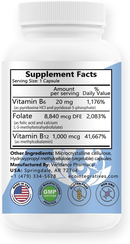 Vegan B6 Complex with B9, B12 Supports Cardiovascular & Bone Health - 100 Capsules