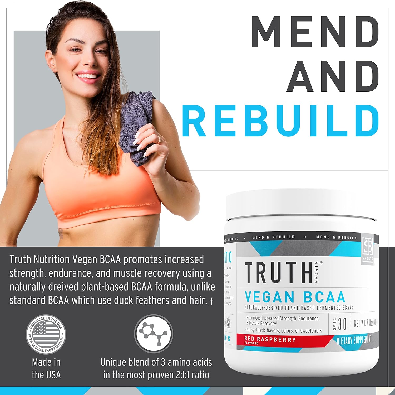 Vegan BCAA Powder with Natural Amino Acids for Energy and Recovery - Red Raspberry Flavor, 30 Servings