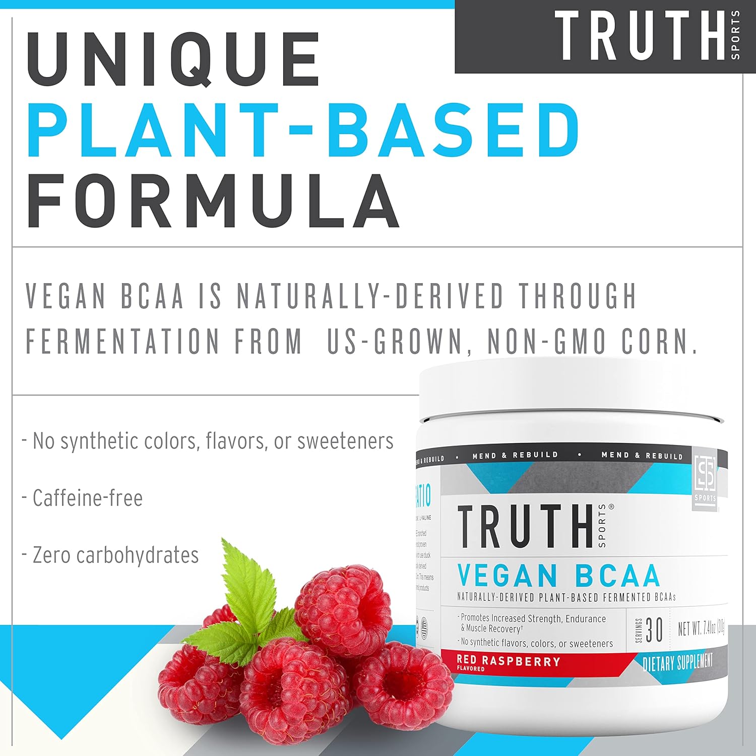 Vegan BCAA Powder with Natural Amino Acids for Energy and Recovery - Red Raspberry Flavor, 30 Servings