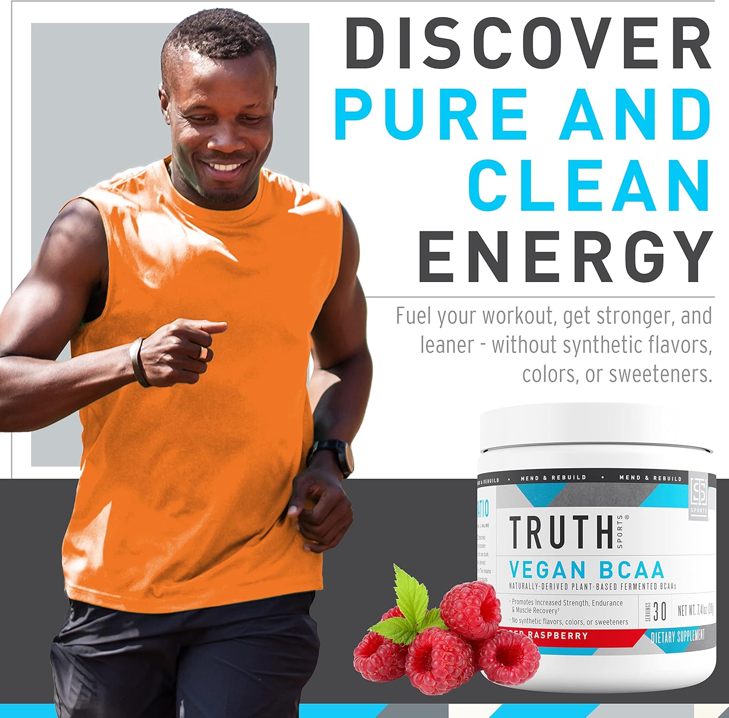 Vegan BCAA Powder with Natural Amino Acids for Energy and Recovery - Red Raspberry Flavor, 30 Servings