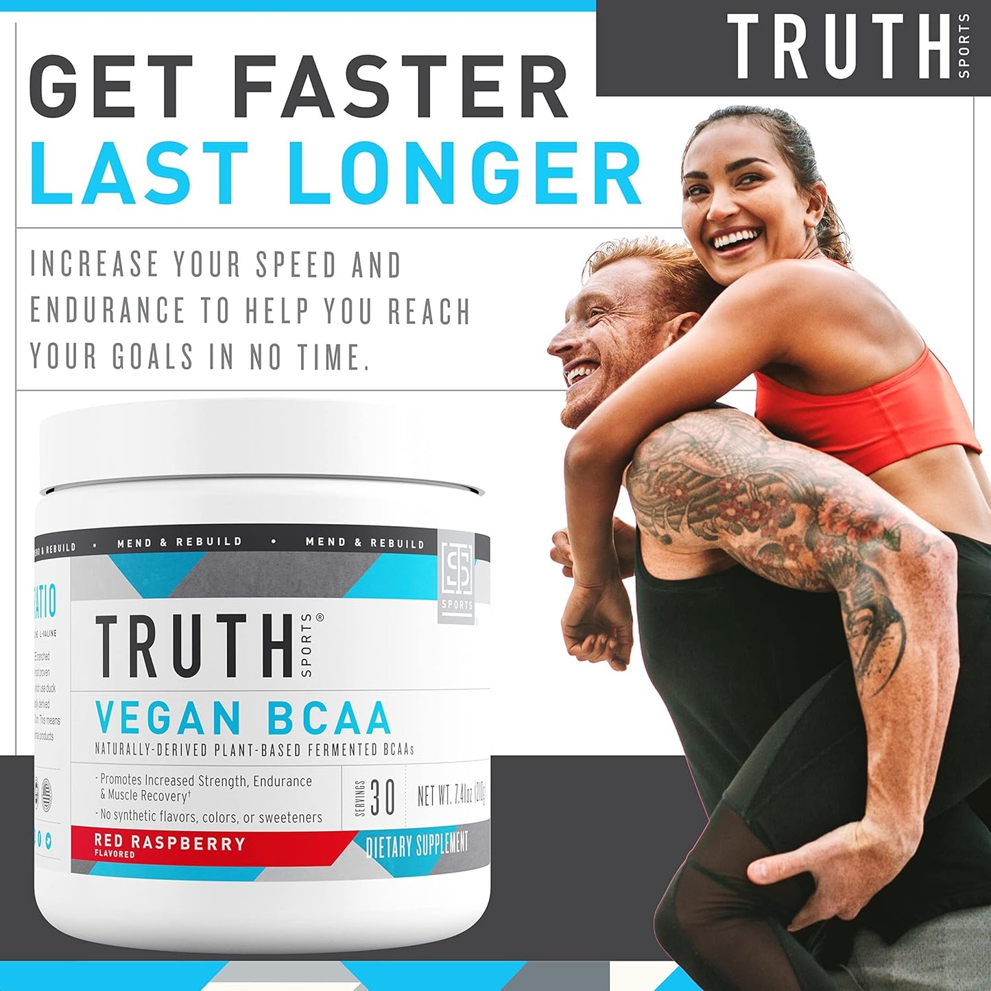 Vegan BCAA Powder with Natural Amino Acids for Energy and Recovery - Red Raspberry Flavor, 30 Servings