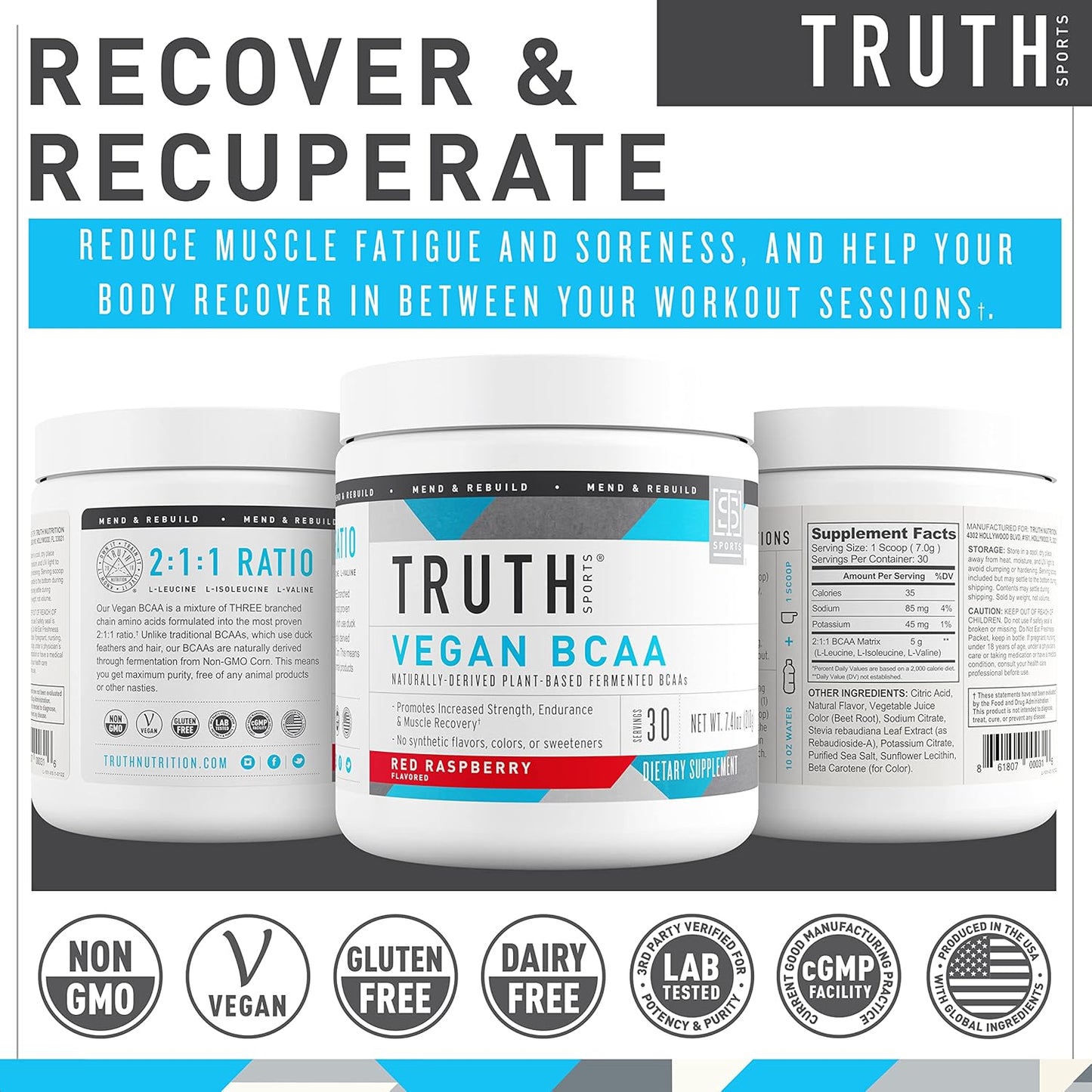 Vegan BCAA Powder with Natural Amino Acids for Energy and Recovery - Red Raspberry Flavor, 30 Servings
