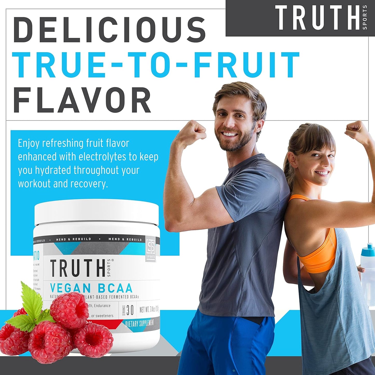 Vegan BCAA Powder with Natural Amino Acids for Energy and Recovery - Red Raspberry Flavor, 30 Servings