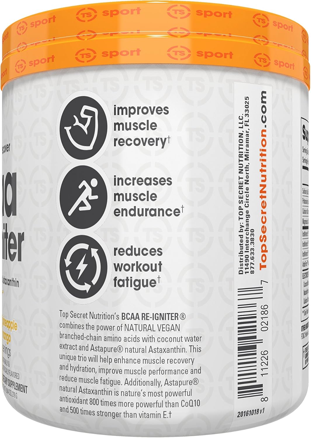 Vegan BCAA Re-Igniter Amino Acid Supplement with Electrolytes, Coconut Water, Astaxanthin, Pineapple Mango Flavor - 9.84 oz