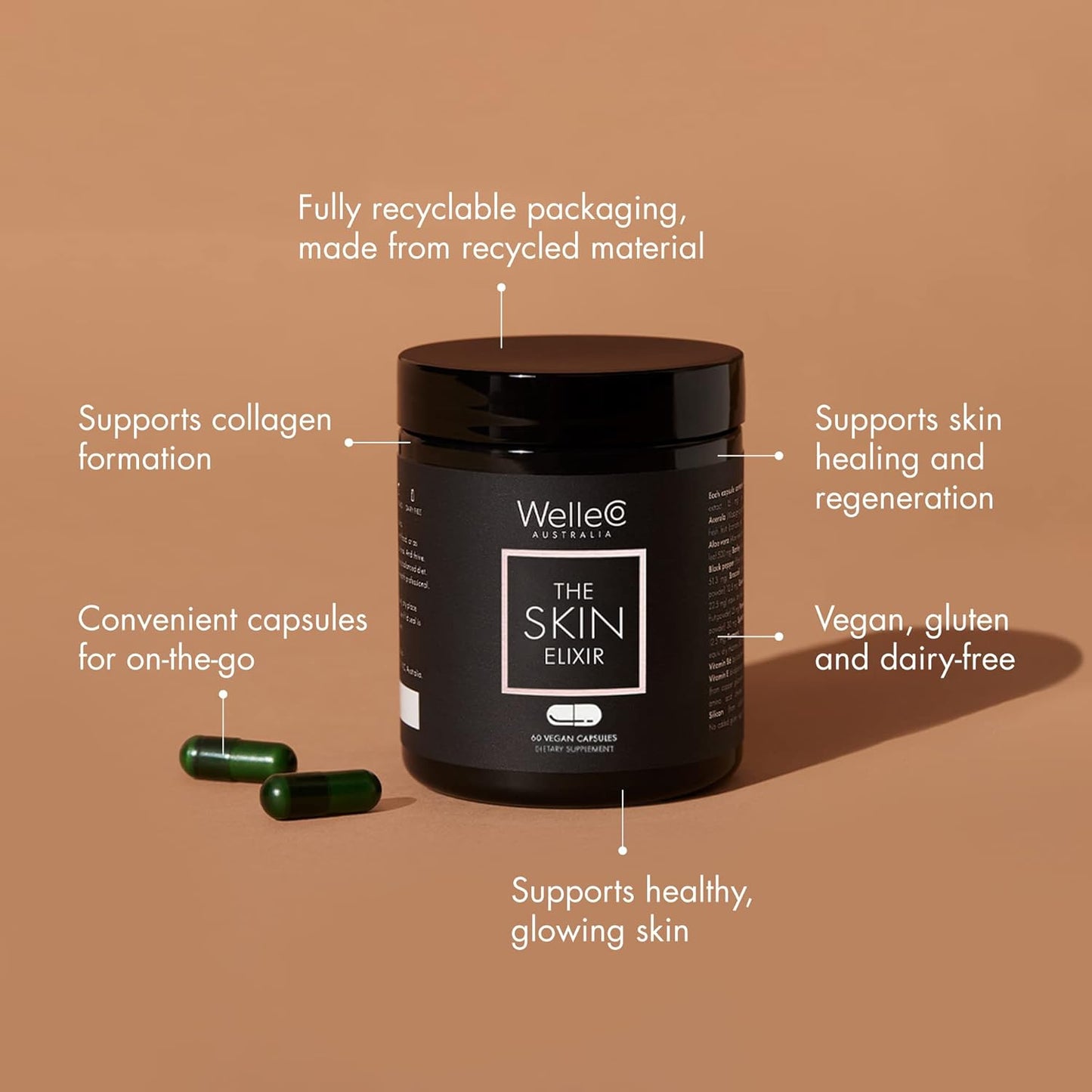 Vegan Beauty Supplements Bundle for Hair Growth and Healthy Skin, WelleCo Skin and Hair Elixir Capsules, 60 Count Each