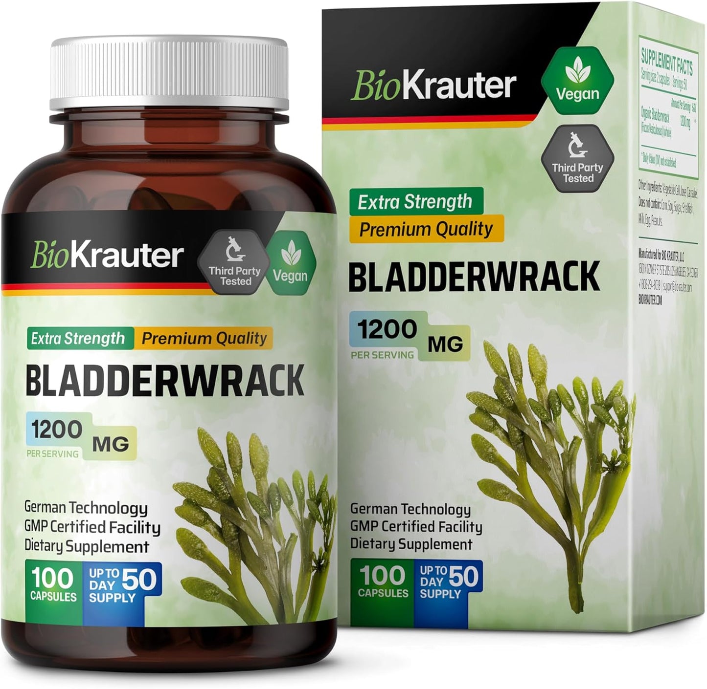Vegan BIO KRAUTER Bladderwrack Capsules 1200mg - 100 Count - Natural Marine Source Iodine Supplement