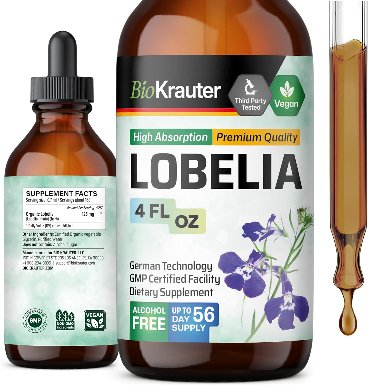 Vegan BIO KRAUTER Lobelia Tincture for Respiratory Support - Alcohol & Sugar Free Extract - 4 Fl.Oz. Bottle