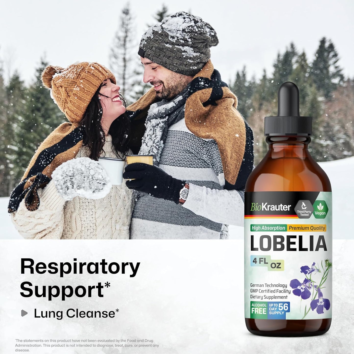 Vegan BIO KRAUTER Lobelia Tincture for Respiratory Support - Alcohol & Sugar Free Extract - 4 Fl.Oz. Bottle
