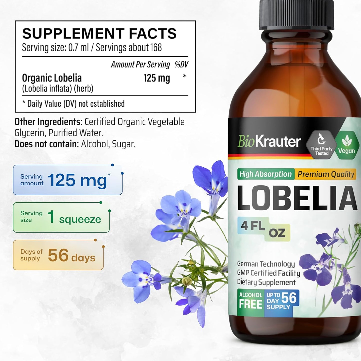 Vegan BIO KRAUTER Lobelia Tincture for Respiratory Support - Alcohol & Sugar Free Extract - 4 Fl.Oz. Bottle