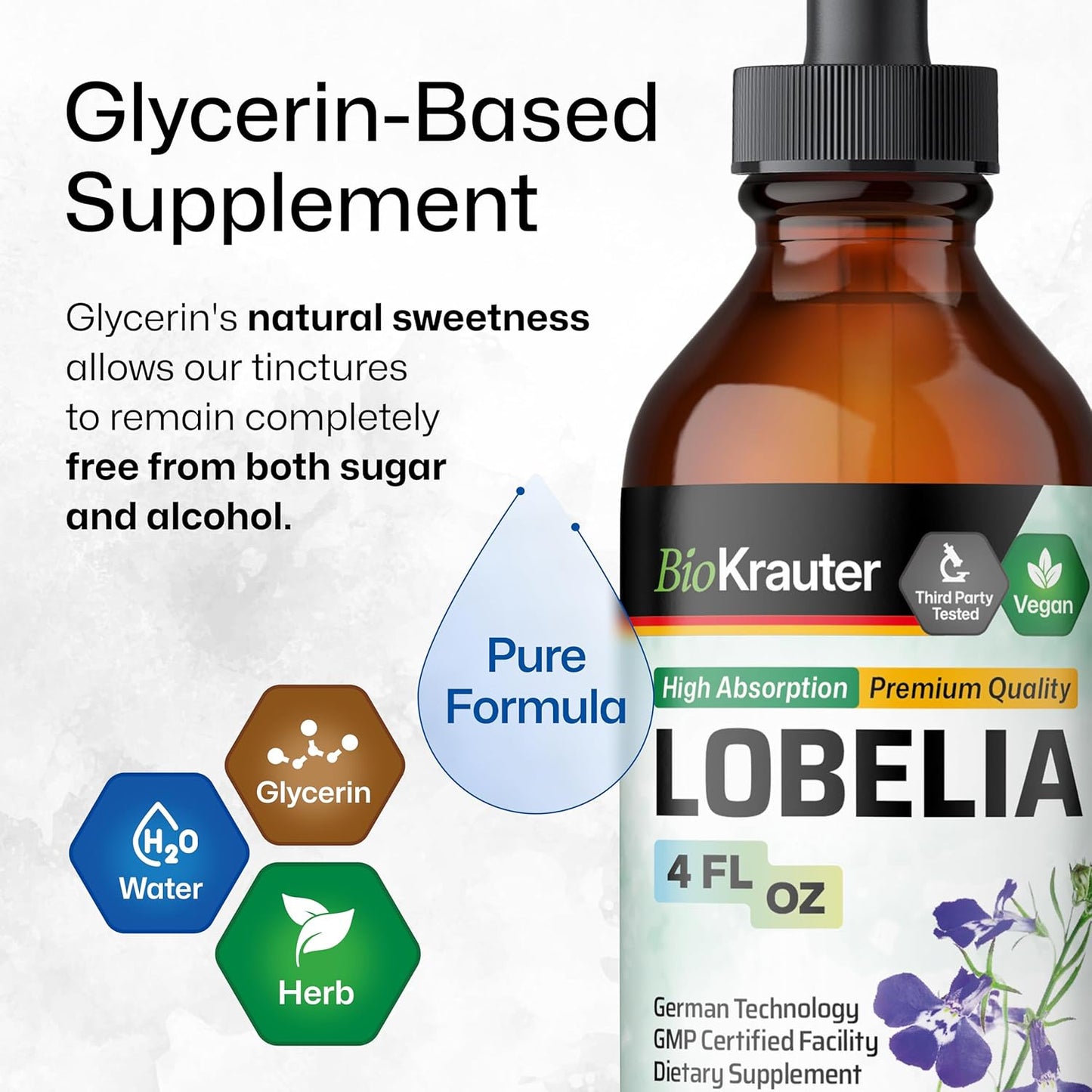 Vegan BIO KRAUTER Lobelia Tincture for Respiratory Support - Alcohol & Sugar Free Extract - 4 Fl.Oz. Bottle