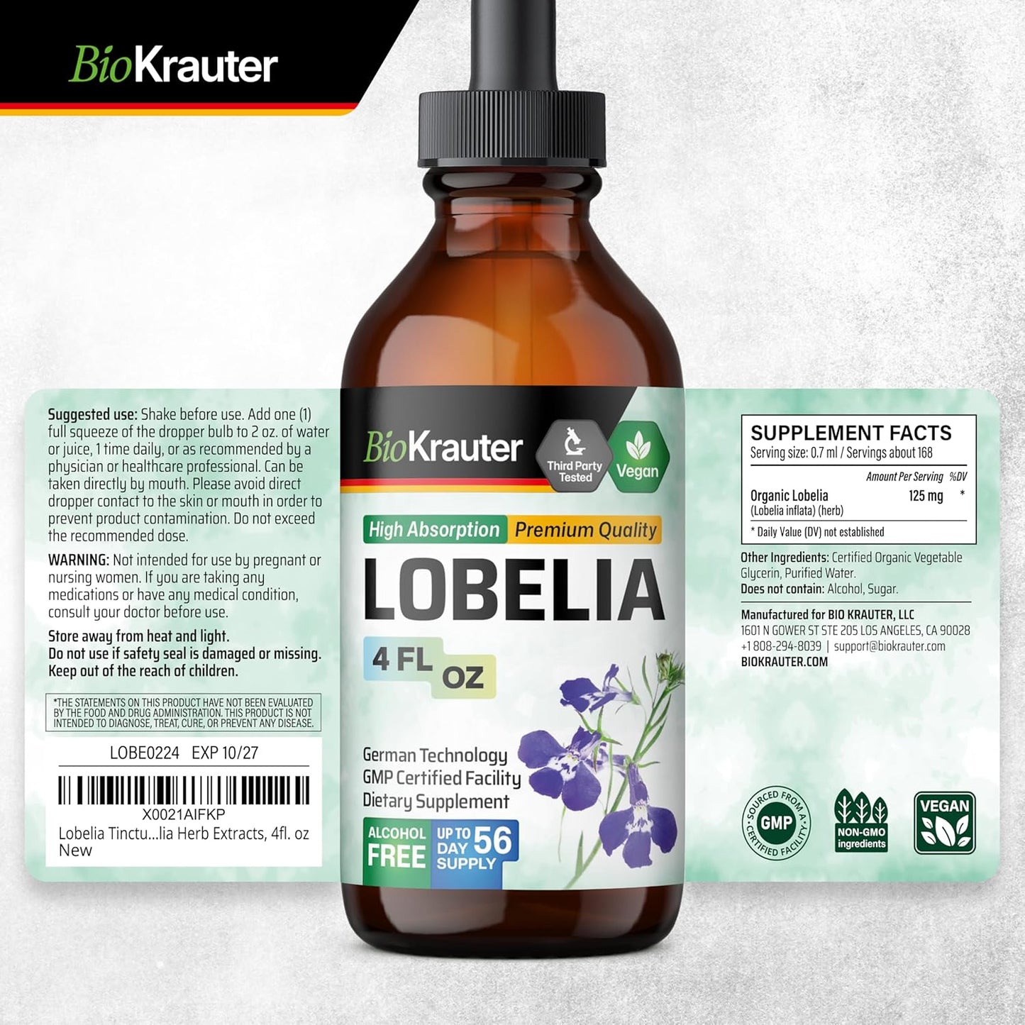 Vegan BIO KRAUTER Lobelia Tincture for Respiratory Support - Alcohol & Sugar Free Extract - 4 Fl.Oz. Bottle