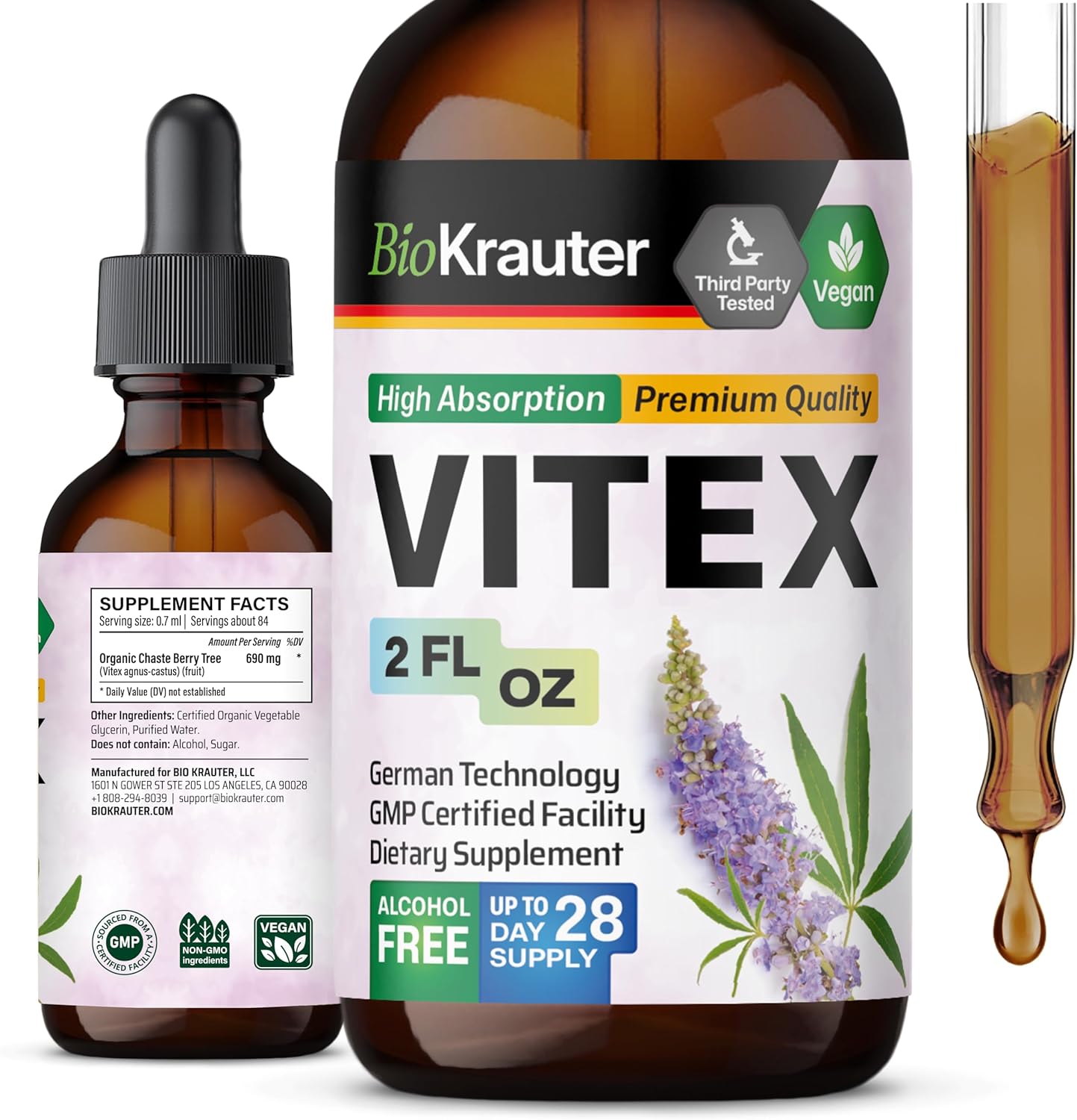Vegan BIO KRAUTER Vitex Tincture 2 Fl.Oz - Fast Absorption Chasteberry Supplement for Women - Alcohol & Sugar Free Formula