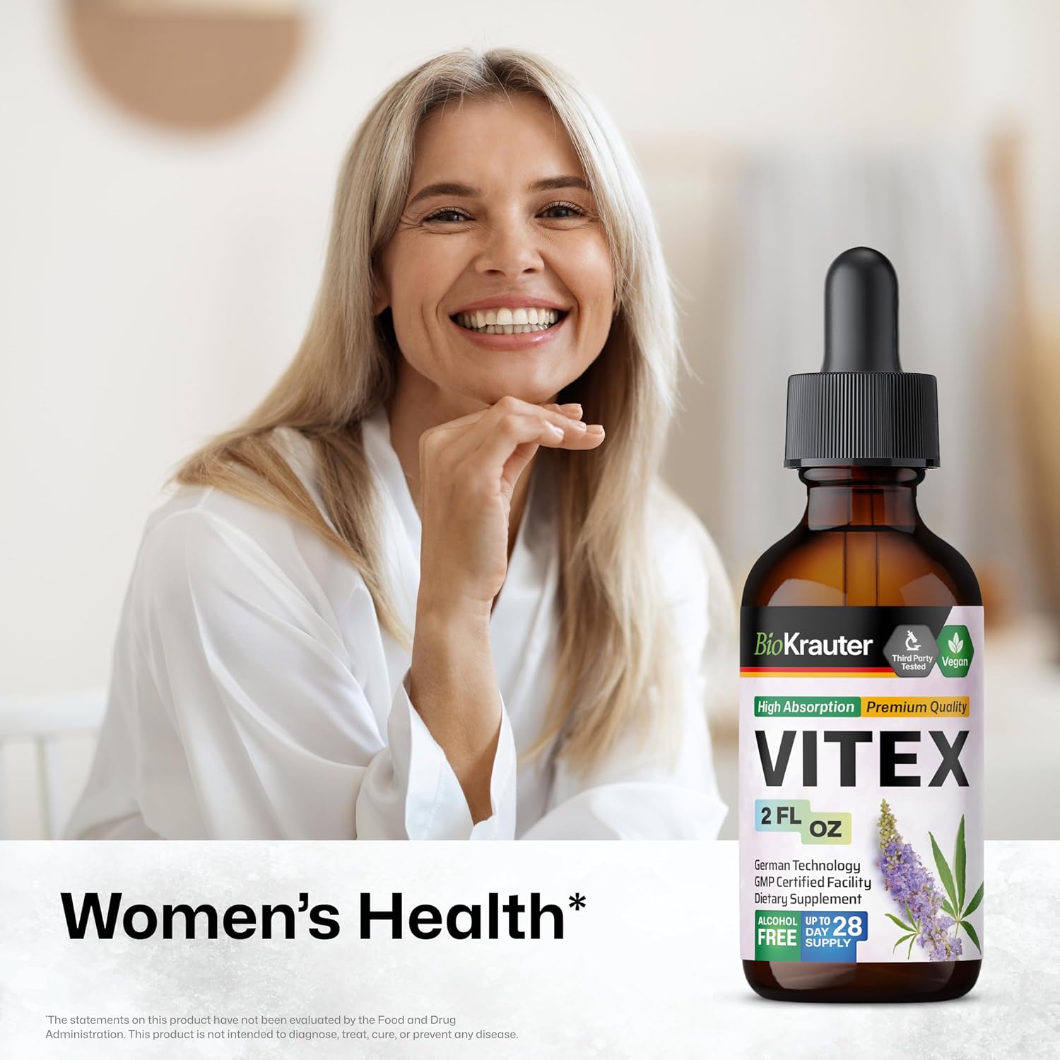 Vegan BIO KRAUTER Vitex Tincture 2 Fl.Oz - Fast Absorption Chasteberry Supplement for Women - Alcohol & Sugar Free Formula