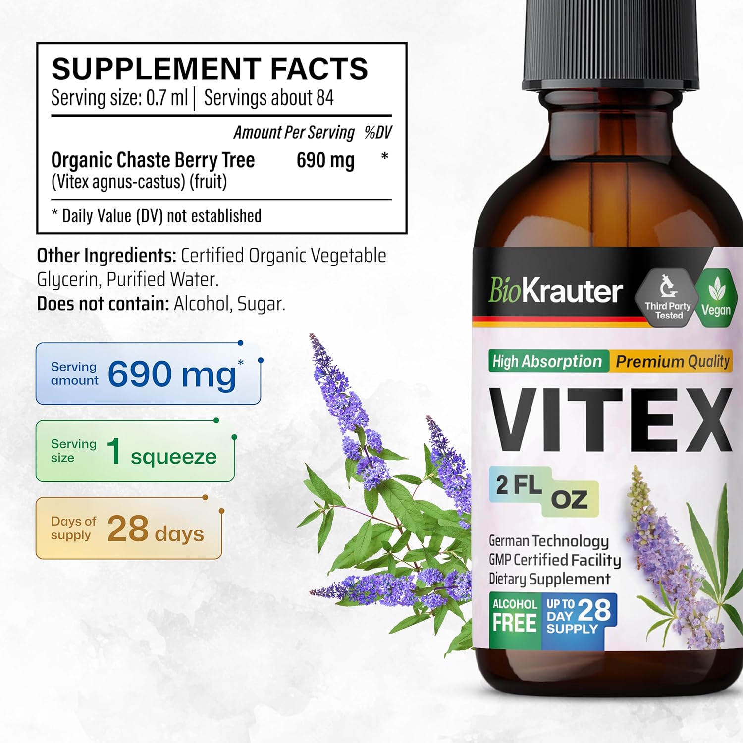 Vegan BIO KRAUTER Vitex Tincture 2 Fl.Oz - Fast Absorption Chasteberry Supplement for Women - Alcohol & Sugar Free Formula
