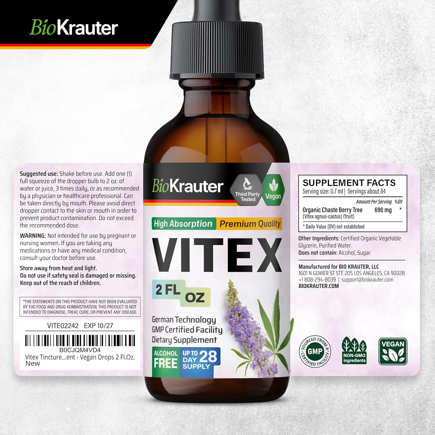 Vegan BIO KRAUTER Vitex Tincture 2 Fl.Oz - Fast Absorption Chasteberry Supplement for Women - Alcohol & Sugar Free Formula