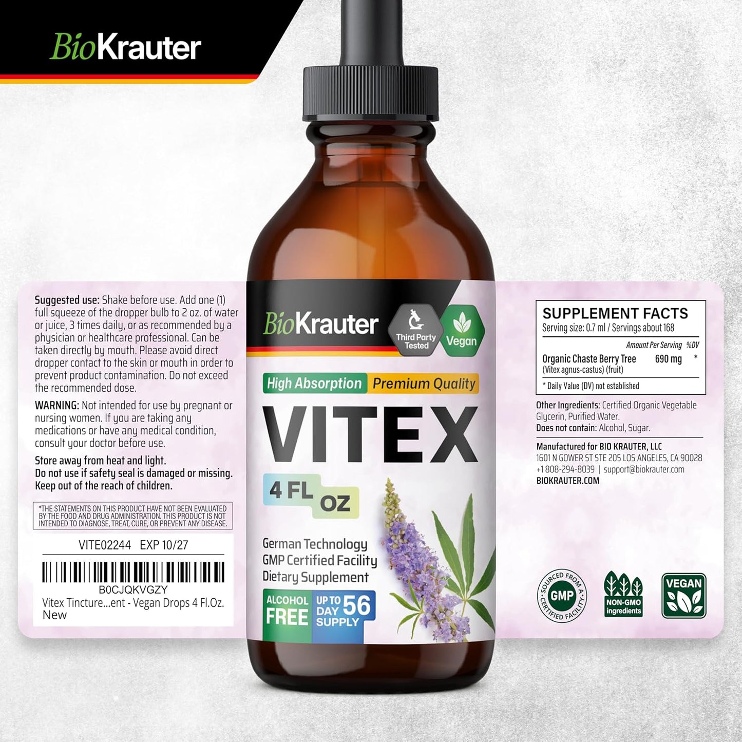 Vegan BIO KRAUTER Vitex Tincture: Chasteberry Extract Supplement for Women - Fast Absorption Formula - 4 Fl.Oz.