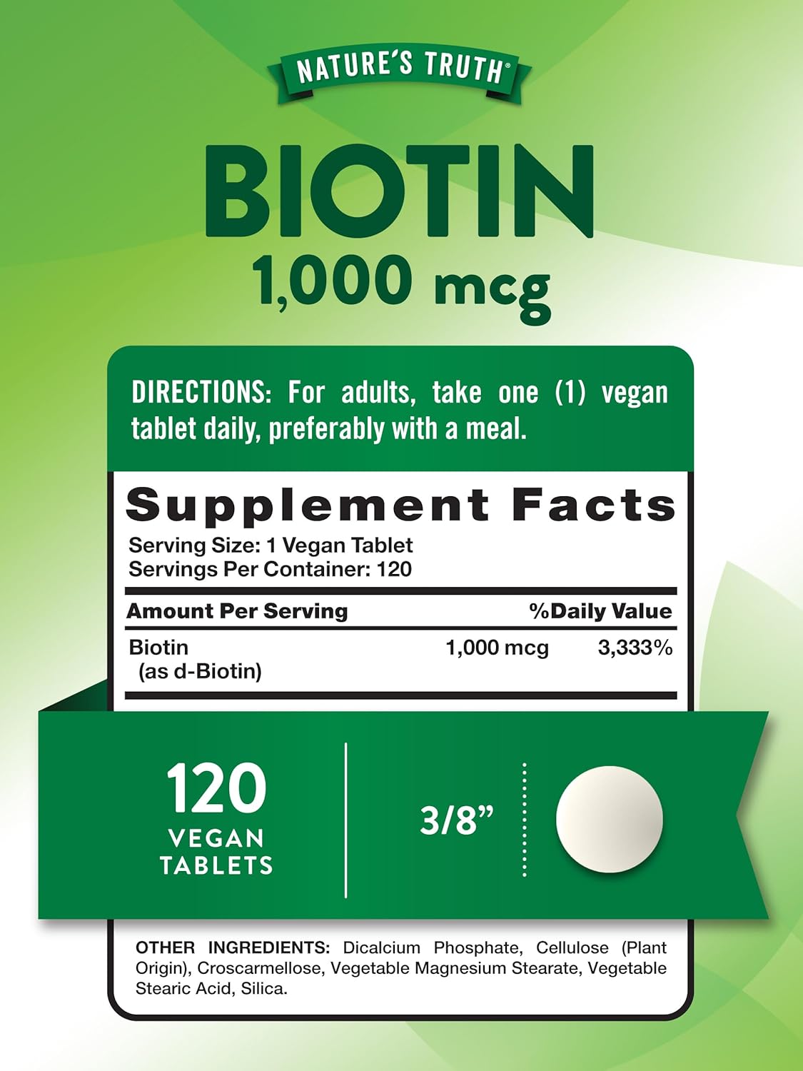 Vegan Biotin 1000mcg Tablets - Non-GMO & Gluten Free Supplement - 120 Count