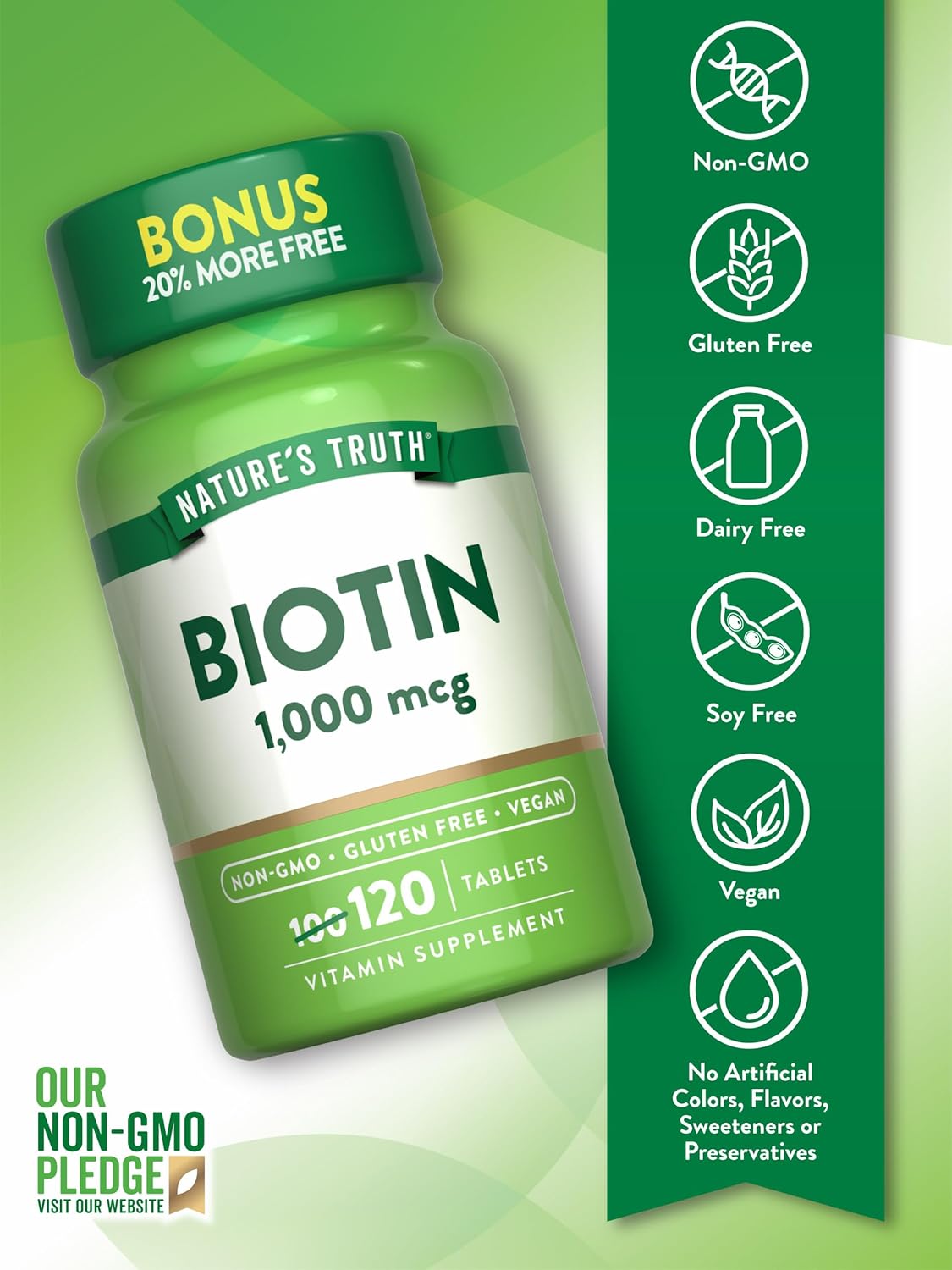 Vegan Biotin 1000mcg Tablets - Non-GMO & Gluten Free Supplement - 120 Count